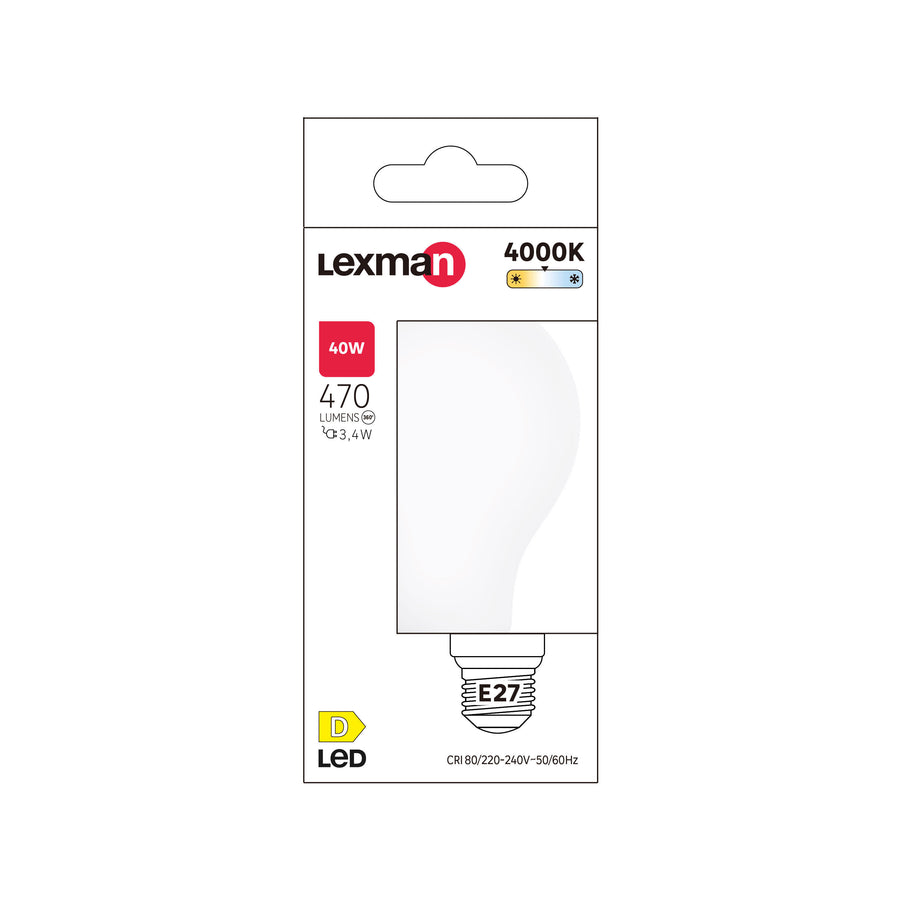 E27 LED bulb (equivalent to 40W), frosted teardrop shape, natural light
