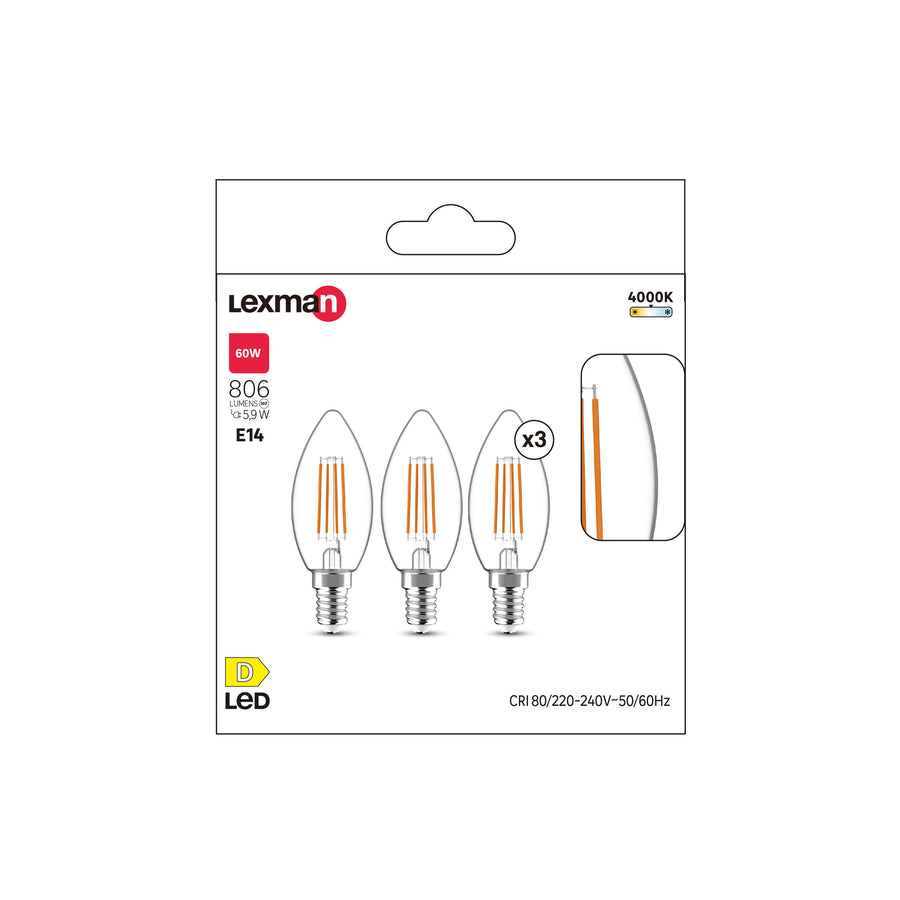 3 lampadine led e14=60w candela trasparente luce naturale
