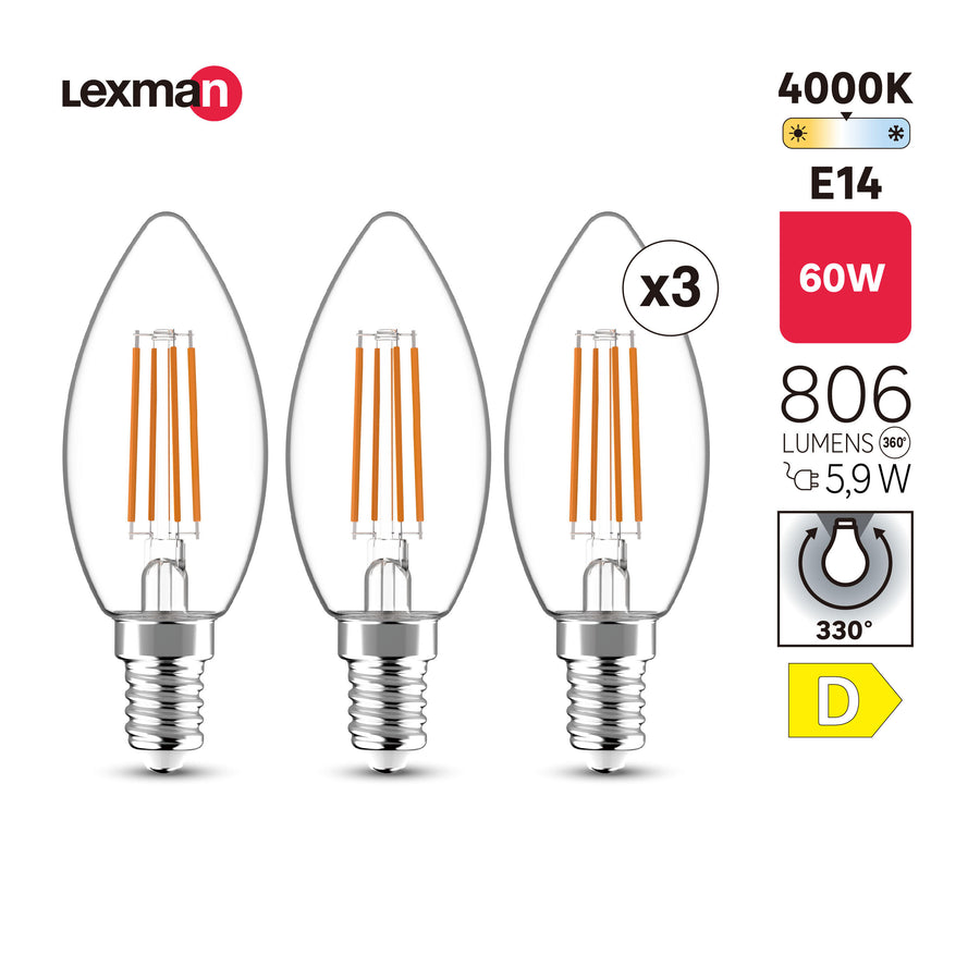 3 lampadine led e14=60w candela trasparente luce naturale