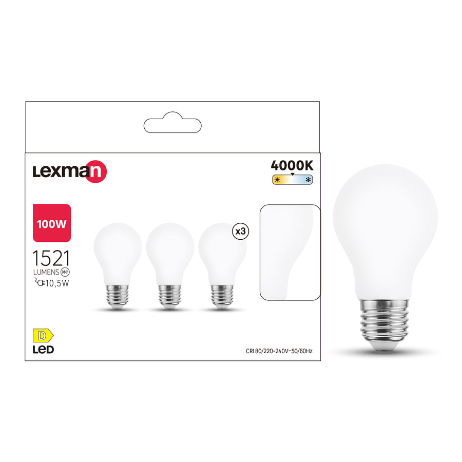 3 E27 LED bulbs (equivalent to 100W), frosted teardrop shape, natural light