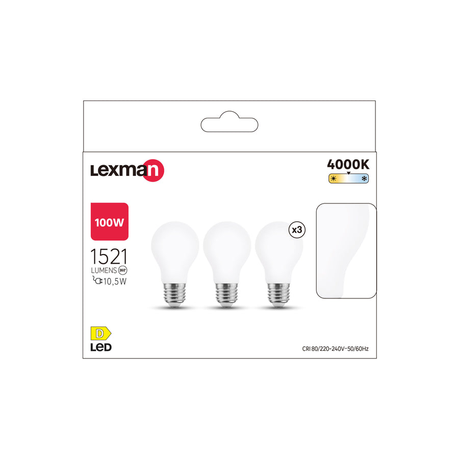 3 E27 LED bulbs (equivalent to 100W), frosted teardrop shape, natural light