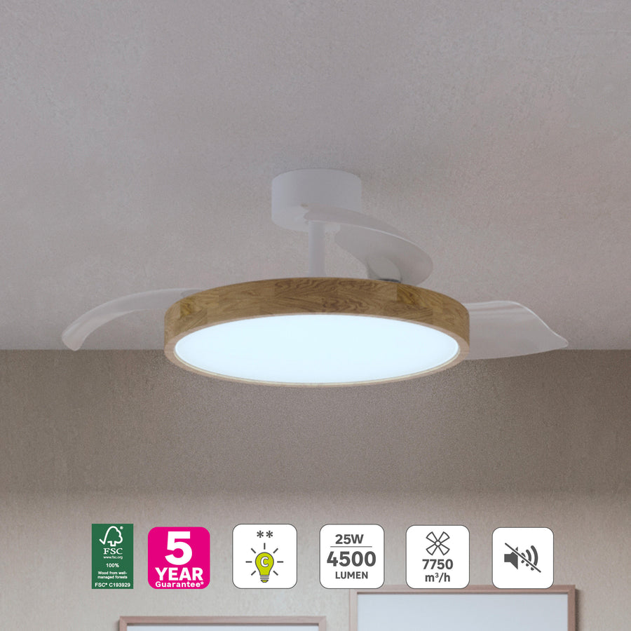 Plafoniera con ventilatore valam plastica bianco e legno naturale d 107cm led 4500lm cctdi
