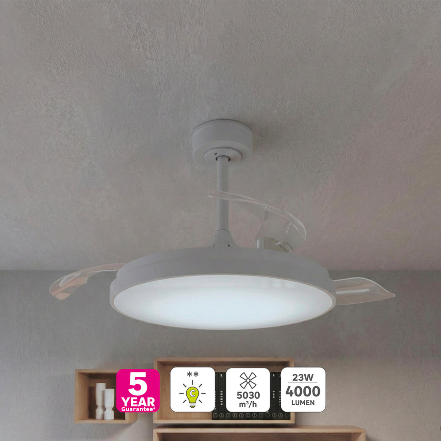 Plafoniera con ventilatore torrent acrilico bianco d 51cm led 4000lm cctdim con pale retr