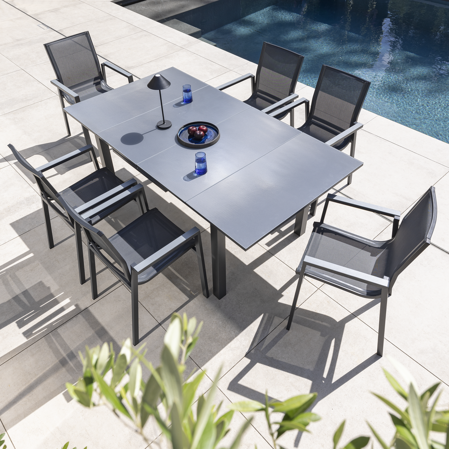 Odyssea table, 188/244 x 100 mm, aluminium frame with anthracite Naterial glass top