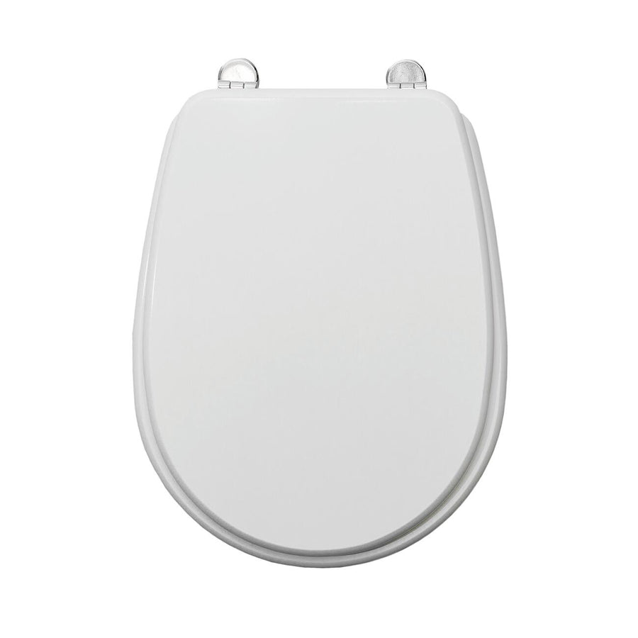 Oval-shaped white MDF toilet seat cover, designed specifically for the Lute model, with metal mounting brackets underneath and an antibacterial finish