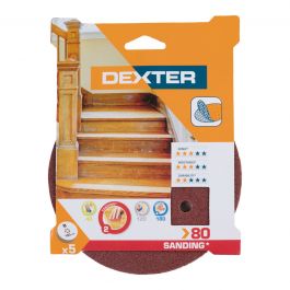 DEXTER RANDOM ORBITAL SANDER ABRASIVE, FOR WOOD 150 MM, DRILLED, GRIT 80, 5 PIECES