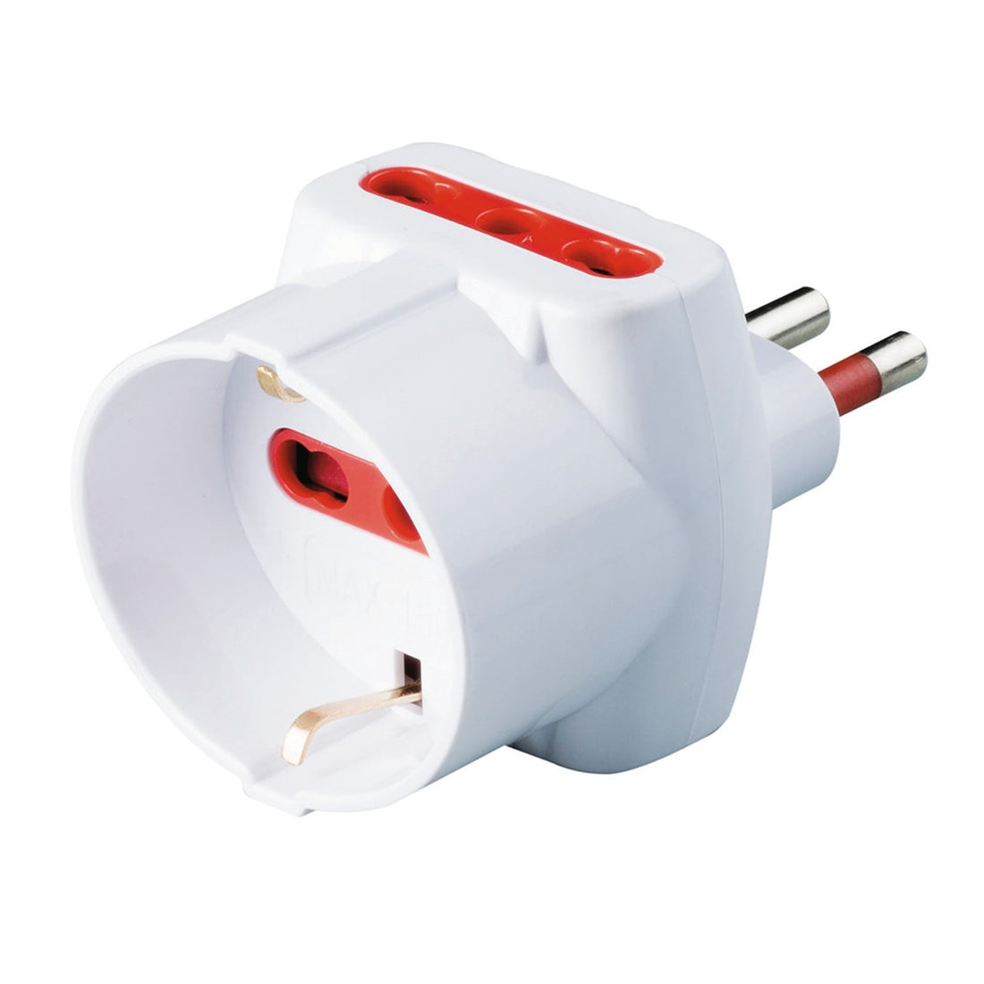 ADAPTER PLUG 10A 2 SOCKETS 10/16A 1 UNIVERSAL WITH SELF-RESETTING LIMITER WHITE