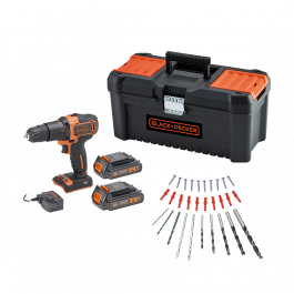 AVENGER DRILL. BLACK&DECKER 18V WITH 2 1.5AH BATTERIES WITH 16-INCH CASE AND DRILL BIT SET
