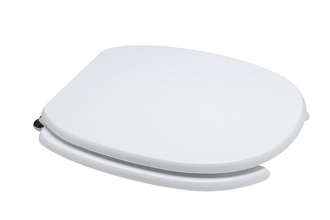 Oval white MDF toilet seat for disabled use, with under-mount fixing and antibacterial metal frame