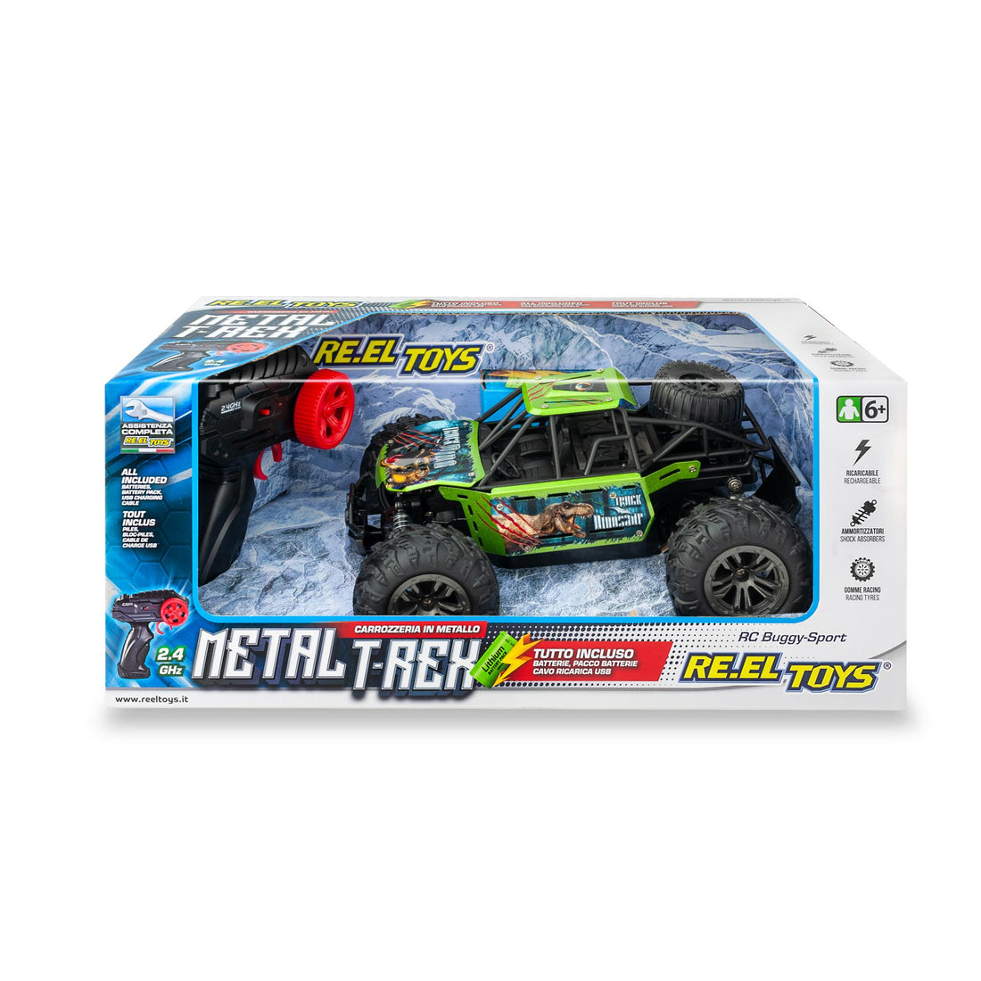 METAL T-REX: Rc 2.4 GHz - Rc 1:16 Scale METAL CARBODY  - with shock absorbers - differential - front and rear bumpers - with lithium battery pack + USB charging cable + batteries for the transmitter included