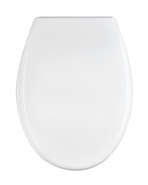 White oval-shaped heat-conductive toilet seat cover, fixed from below with stainless steel screws