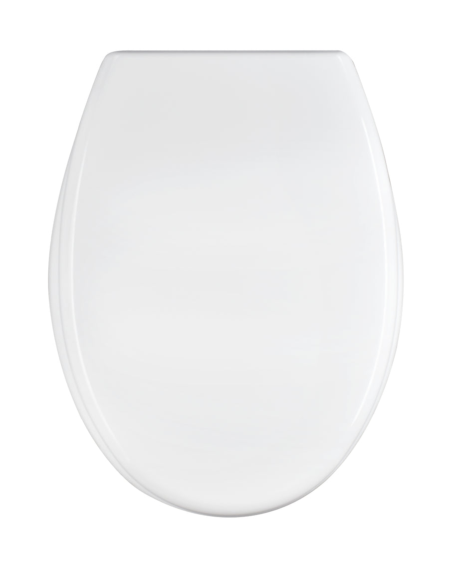 White oval-shaped heat-conductive toilet seat cover, fixed from below with stainless steel screws