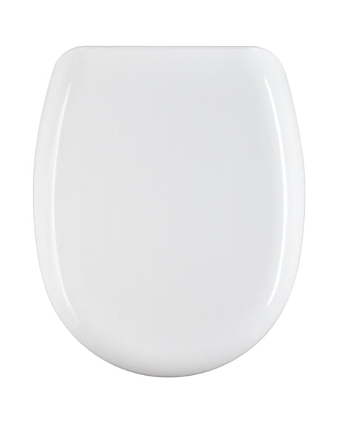 Oval-shaped, heat-resistant, white, lute-shaped toilet seat cover with under-mount fixing and stainless steel ring