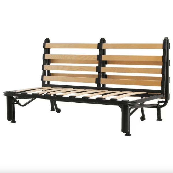 LYCKSELE two-seat sofa-bed frame, black, Width: 142 cm
Depth: 100 cm
Height: 87 cm
Seat depth: 60 cm
Seat height: 39 cm
Bed width: 140 cm
Bed length: 188 cm