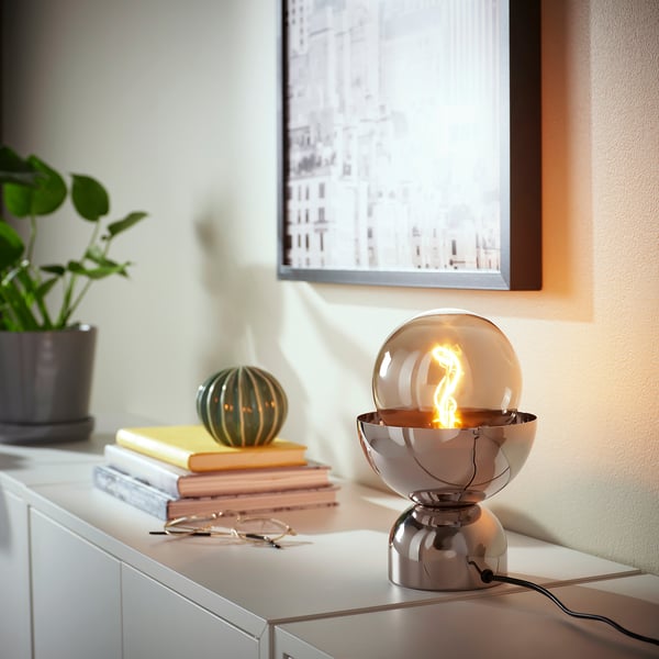 ACKJA / MOLNART table lamp with light bulb, chrome effect/globe grey clear glass