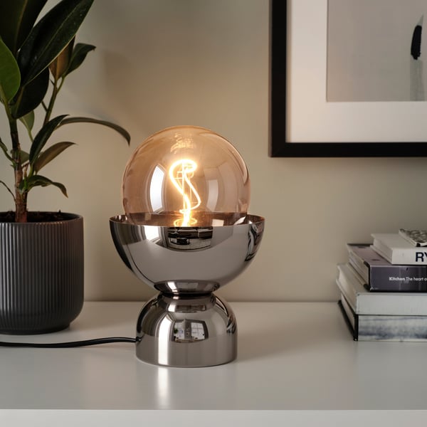 ACKJA / MOLNART table lamp with light bulb, chrome effect/globe grey clear glass