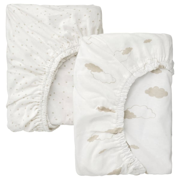 ÄLSKVÄRD fitted sheet for bassinet, clouds/dots/off-white, 75x41 cm, 2 pack