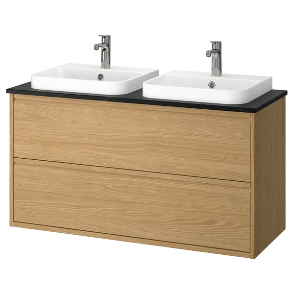 ÄNGSJÖN / BACKSJÖN wash-stnd w drawers/wash-basin/taps, oak effect/black marble effect, 122x49x71 cm