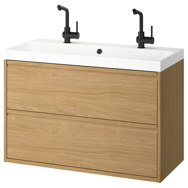 ÄNGSJÖN / BACKSJÖN wash-stnd w drawers/wash-basin/taps, oak effect, 100x48x69 cm