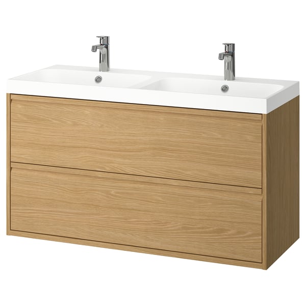 ÄNGSJÖN / BACKSJÖN wash-stnd w drawers/wash-basin/taps, oak effect, 120x48x69 cm