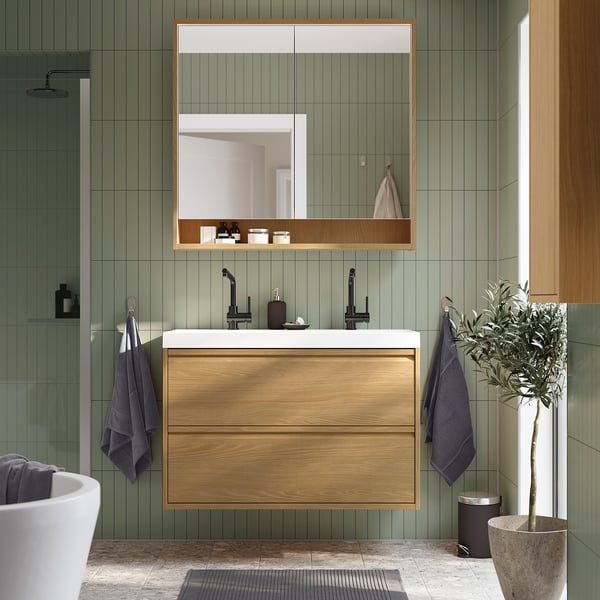 ÄNGSJÖN / BACKSJÖN wash-stnd w drawers/wash-basin/taps, oak effect, 100x48x69 cm