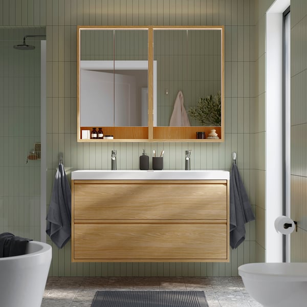 ÄNGSJÖN / BACKSJÖN wash-stnd w drawers/wash-basin/taps, oak effect, 120x48x69 cm