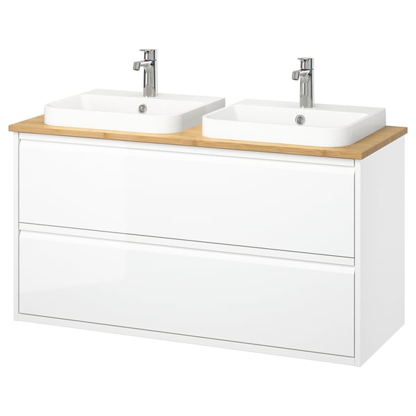 ÄNGSJÖN / BACKSJÖN wash-stnd w drawers/wash-basin/taps, high-gloss white/bamboo, 122x49x71 cm
