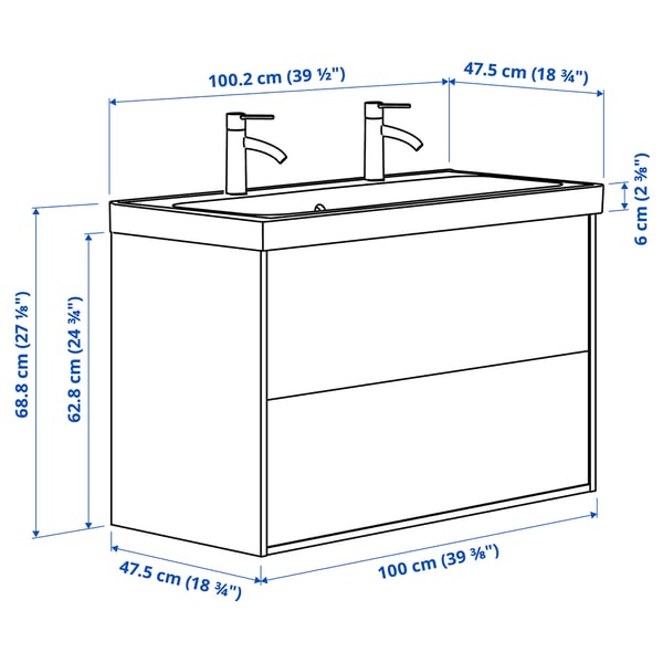 ÄNGSJÖN / BACKSJÖN wash-stnd w drawers/wash-basin/taps, high-gloss white, 100x48x69 cm