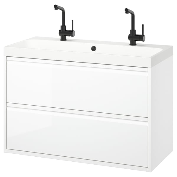 ÄNGSJÖN / BACKSJÖN wash-stnd w drawers/wash-basin/taps, high-gloss white, 100x48x69 cm