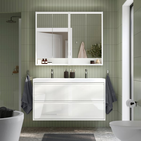 ÄNGSJÖN / BACKSJÖN wash-stnd w drawers/wash-basin/taps, high-gloss white, 120x48x69 cm