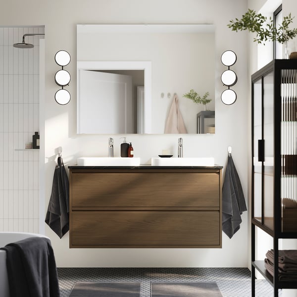 ÄNGSJÖN / BACKSJÖN wash-stnd w drawers/wash-basin/taps, brown oak effect/black marble effect, 122x49x71 cm