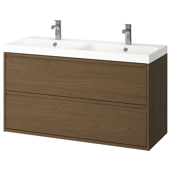 ÄNGSJÖN / BACKSJÖN wash-stnd w drawers/wash-basin/taps, brown oak effect, 120x48x69 cm
