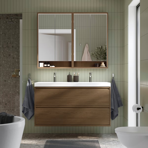 ÄNGSJÖN / BACKSJÖN wash-stnd w drawers/wash-basin/taps, brown oak effect, 120x48x69 cm