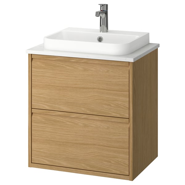 ÄNGSJÖN / BACKSJÖN wash-stnd w drawers/wash-basin/tap, oak effect/white marble effect, 62x49x71 cm