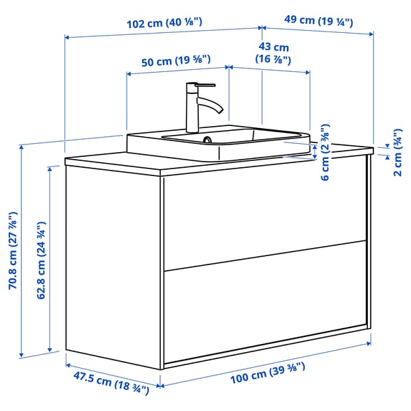 ÄNGSJÖN / BACKSJÖN wash-stnd w drawers/wash-basin/tap, oak effect/white marble effect, 102x49x71 cm