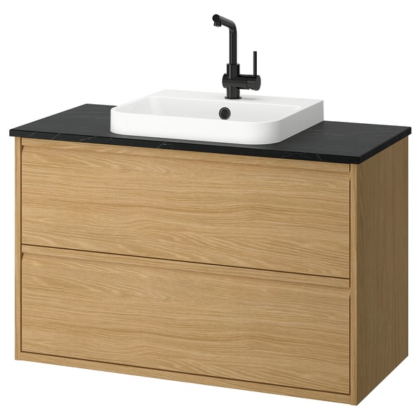ÄNGSJÖN / BACKSJÖN wash-stnd w drawers/wash-basin/tap, oak effect/black marble effect, 102x49x71 cm