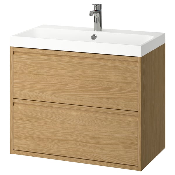 ÄNGSJÖN / BACKSJÖN wash-stnd w drawers/wash-basin/tap, oak effect, 80x48x69 cm