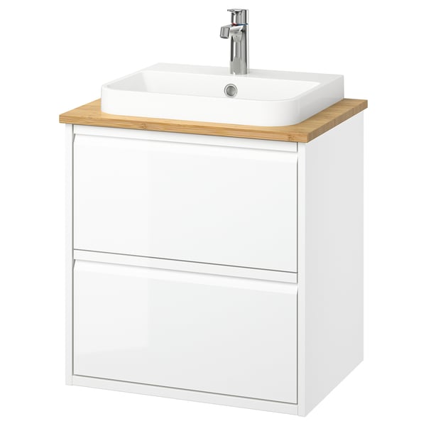 ÄNGSJÖN / BACKSJÖN wash-stnd w drawers/wash-basin/tap, high-gloss white/bamboo, 62x49x71 cm