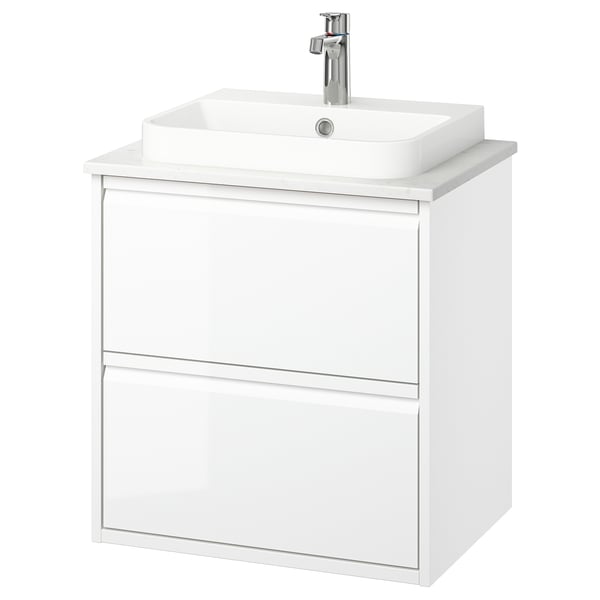 ÄNGSJÖN / BACKSJÖN wash-stnd w drawers/wash-basin/tap, high-gloss white/white marble effect, 62x49x71 cm
