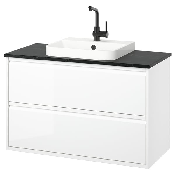 ÄNGSJÖN / BACKSJÖN wash-stnd w drawers/wash-basin/tap, high-gloss white/black marble effect, 102x49x71 cm