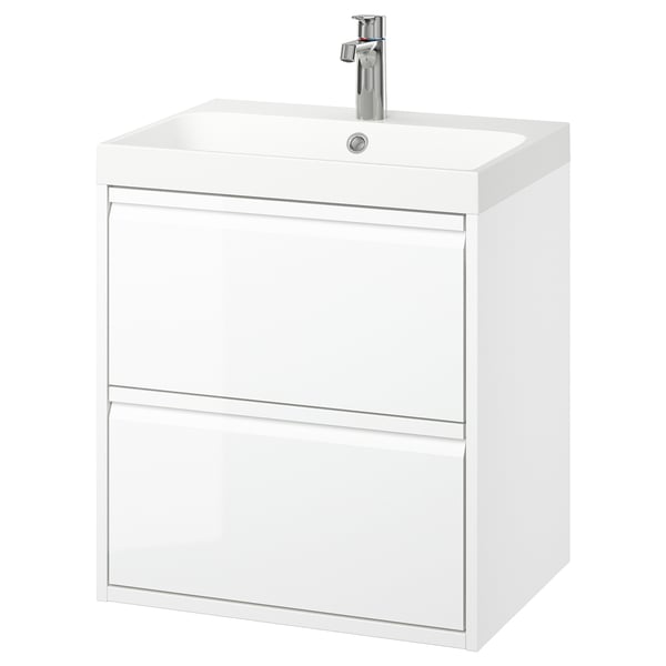 ÄNGSJÖN / BACKSJÖN wash-stnd w drawers/wash-basin/tap, high-gloss white, 60x48x69 cm