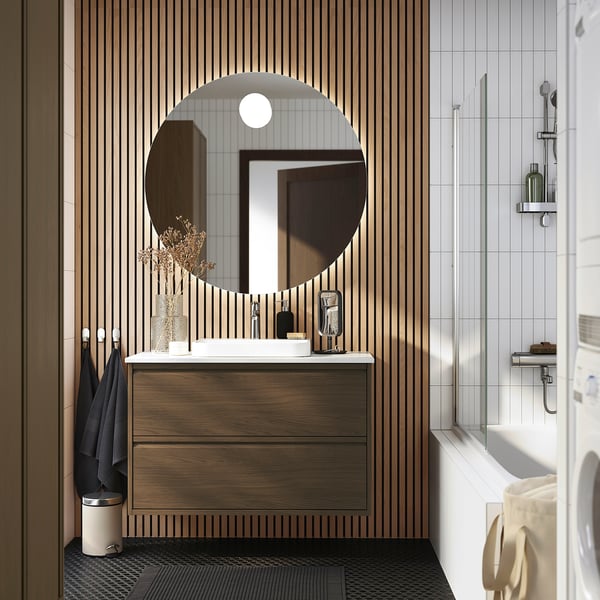 ÄNGSJÖN / BACKSJÖN wash-stnd w drawers/wash-basin/tap, brown oak effect/white marble effect, 102x49x71 cm