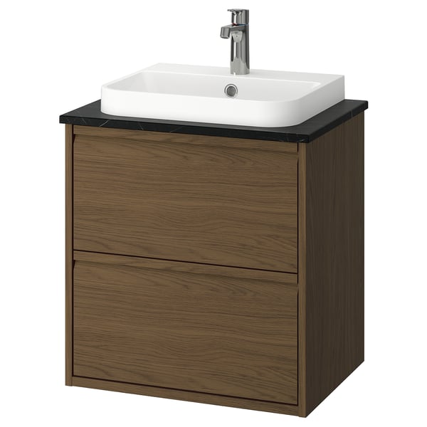 ÄNGSJÖN / BACKSJÖN wash-stnd w drawers/wash-basin/tap, brown oak effect/black marble effect, 62x49x71 cm