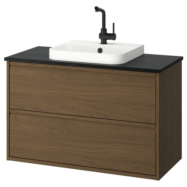 ÄNGSJÖN / BACKSJÖN wash-stnd w drawers/wash-basin/tap, brown oak effect/black marble effect, 102x49x71 cm