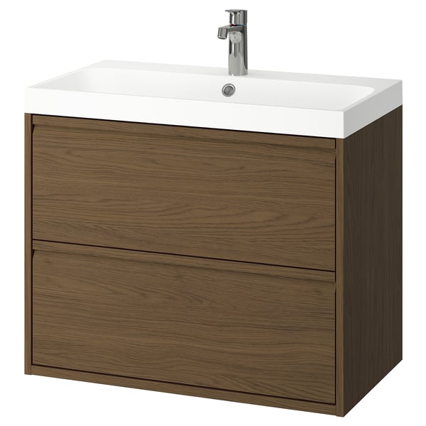 ÄNGSJÖN / BACKSJÖN wash-stnd w drawers/wash-basin/tap, brown oak effect, 80x48x69 cm