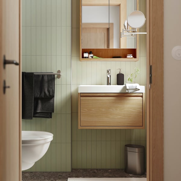 ÄNGSJÖN / BACKSJÖN wash-stnd w drawer/wash-basin/tap, oak effect, 60x48x39 cm