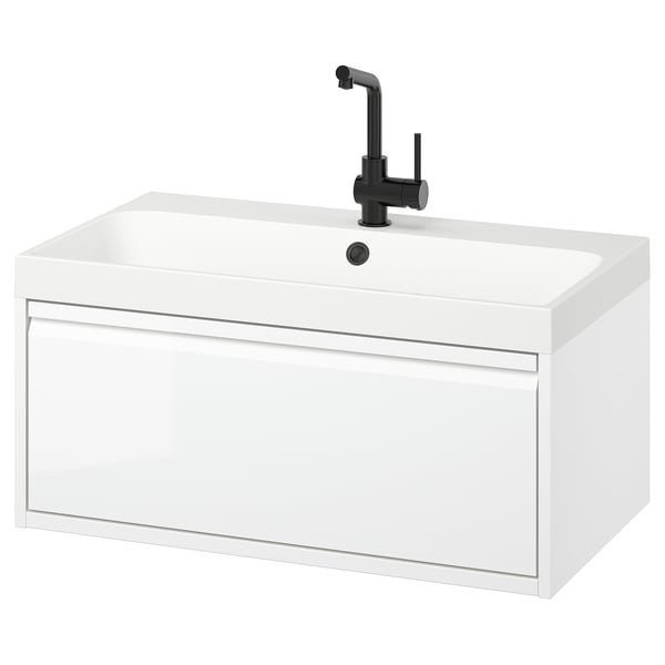 ÄNGSJÖN / BACKSJÖN wash-stnd w drawer/wash-basin/tap, high-gloss white, 80x48x39 cm