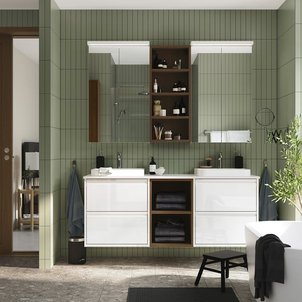 ÄNGSJÖN / BACKSJÖN wash-stand/wash-basins/taps, high-gloss white/brown oak effect/white marble effect, 162x49x71 cm