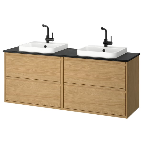 ÄNGSJÖN / BACKSJÖN wash-stand/wash-basins/taps, oak effect/black marble effect, 162x49x71 cm