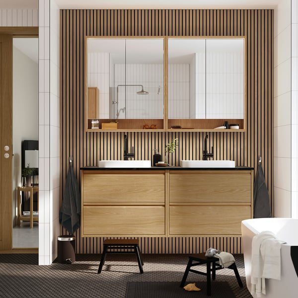 ÄNGSJÖN / BACKSJÖN wash-stand/wash-basins/taps, oak effect/black marble effect, 162x49x71 cm